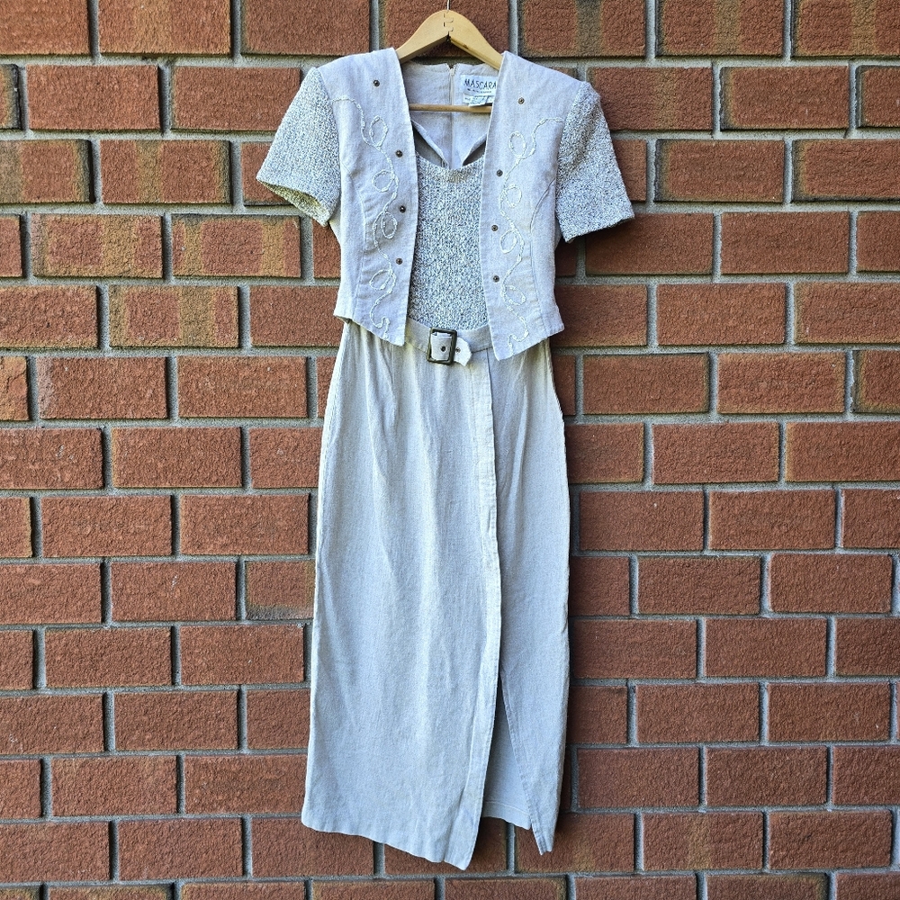 Vintage Beige Rayonne And Linen Blend Dress with Belt Cottagecore
